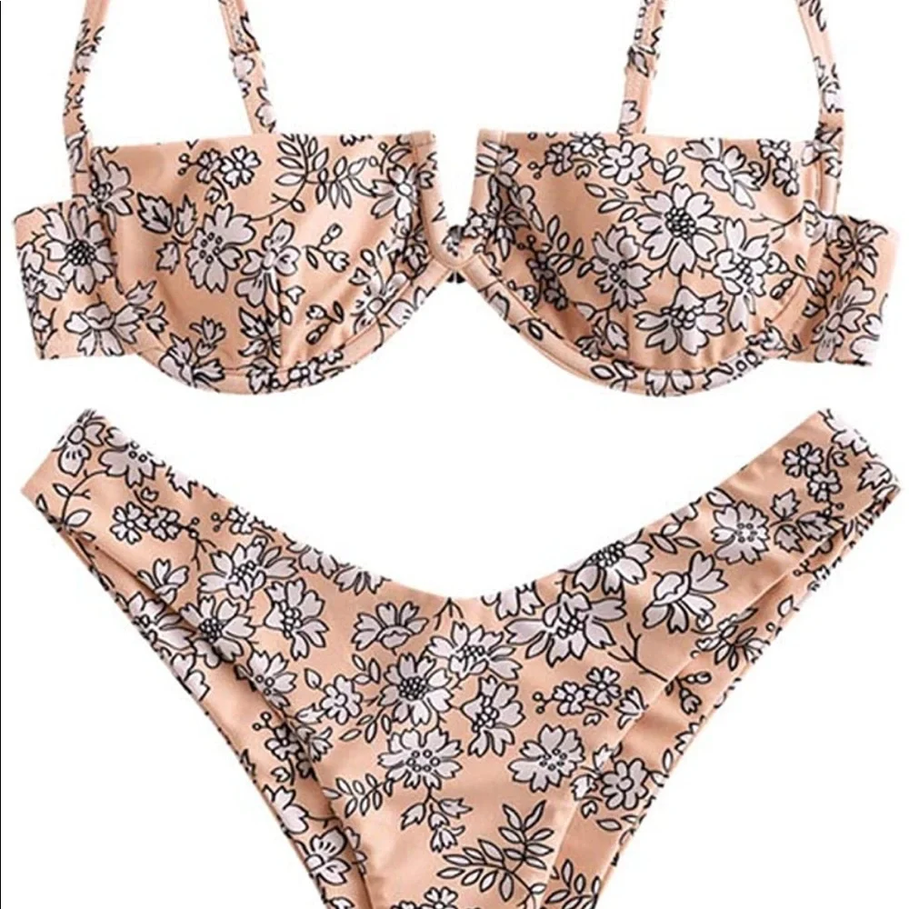 ZAFUL Women's Floral V-Wired Underwire High Leg Two Piece Bikini Set Swimsuit - Picture 11 of 13